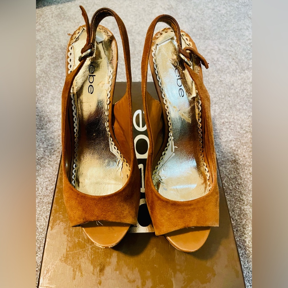 bebe Tan Suede Peep-Toe Heels